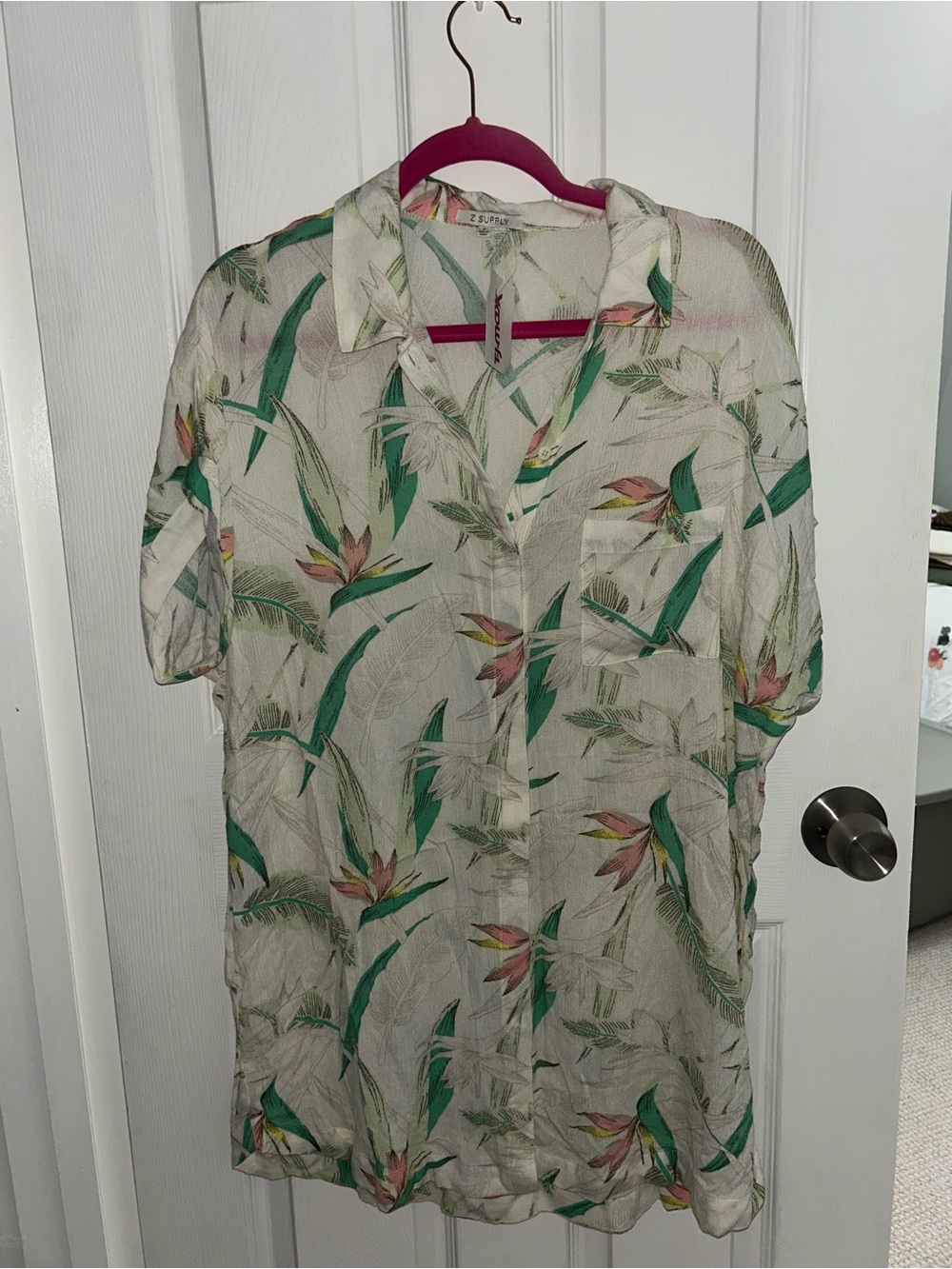 Z Supply Cream Short-Sleeve Shirt tunic/dress with Green & Pink Tropical Print